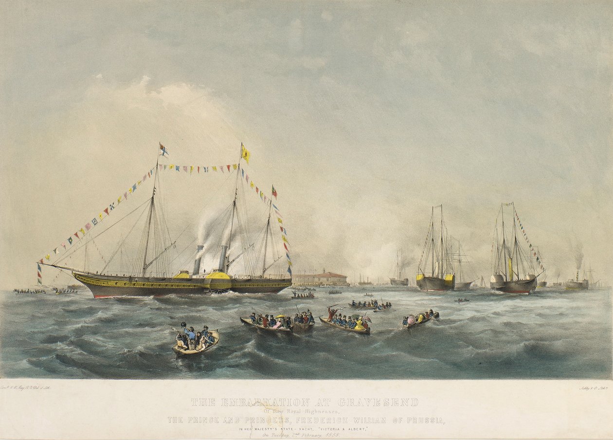 Het aan boord gaan van prins Frederik Willem IV van Pruisen (1795-1861) en zijn vrouw Elizabeth van Beieren (1801-1873) op het schip Victoria en Albert, in Gravesend, Engeland, op 2 februari door Walter William May