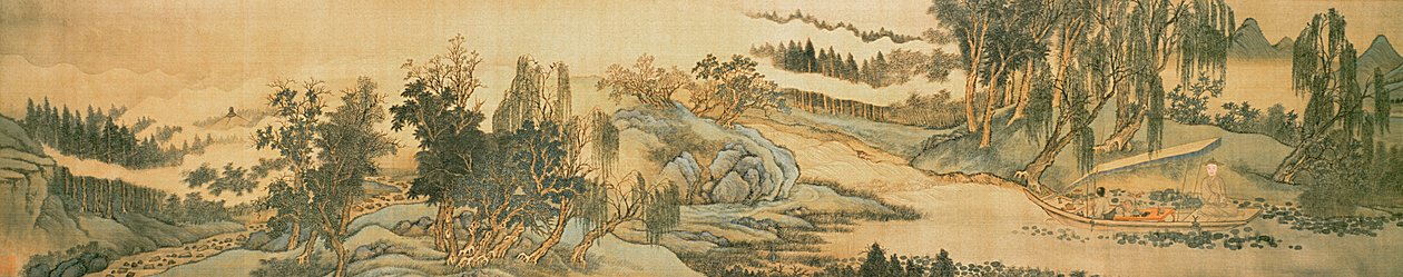 Handrol die een landschap afbeeldt met het colofon gedicht, Vissen in de Wilgenbeek, Chinees, 1706 door Wang Hui