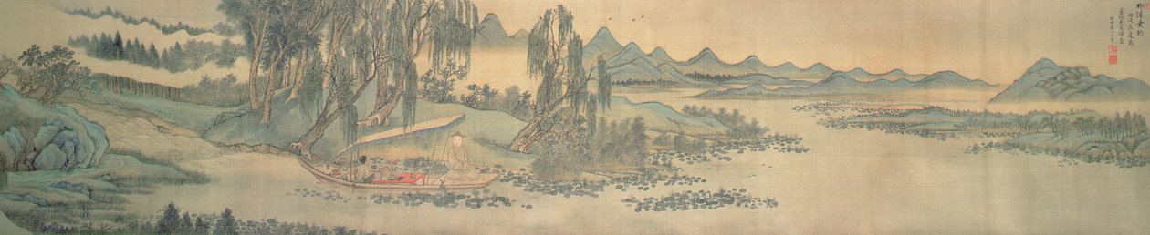 Handrol die een landschap afbeeldt met het colofon gedicht, Vissen in de Wilgenbeek, Chinees, 1706 door Wang Hui