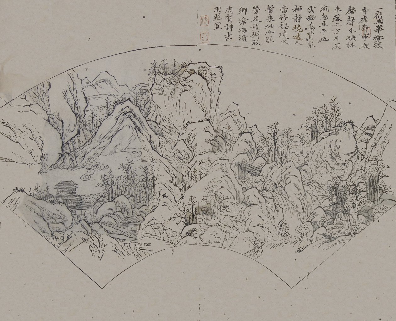 Landschap na Fan Kuan actief ca. 990-1030, uit de Mosterdzaad Tuin..., Eerste editie, 1679 door Wang Gai
