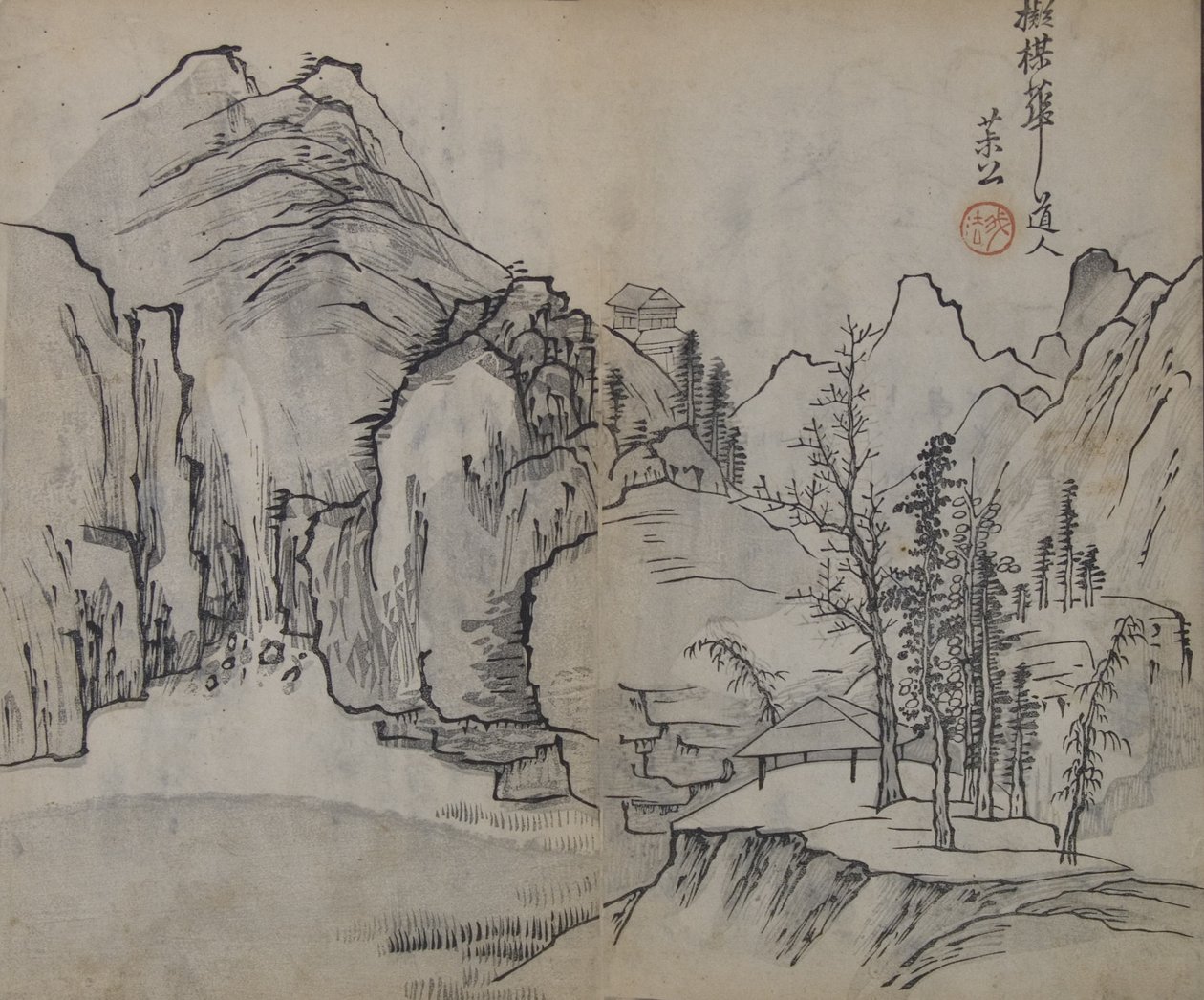 Landschap naar Wu Zhen 1280-1354, uit het Mosterdzaadtuin handboek, Eerste editie, 1679 door Wang Gai
