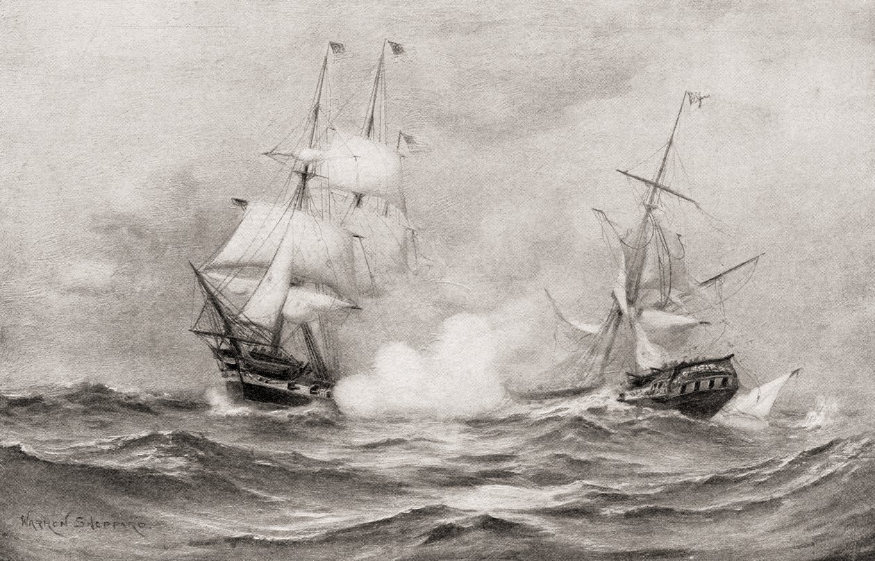 Het gevecht tussen USS Constitution en HMS Guerriere, tijdens de Oorlog van 1812, ongeveer 400 mijl ten zuidoosten van Halifax, Nova Scotia, uit The History of Our Country, gepubliceerd 1905 door Warren Sheppard