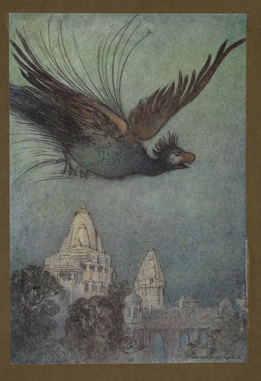 Plaat 10: "Een monsterlijke vogel komt blijkbaar uit het paleis", uit Folk-Tales of Bengal ... Met 32 illustraties in kleur door Warwick Goble (Edition de luxe.) 1914 door Warwick Goble