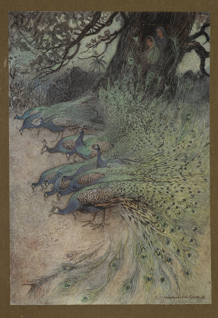 Plaat 11: "Honderden pauwen met prachtige pluimen kwamen naar de dijken om de khai te eten", uit Volksverhalen van Bengalen ... Met 32 illustraties in kleur door Warwick Goble (Edition de luxe.) door Warwick Goble