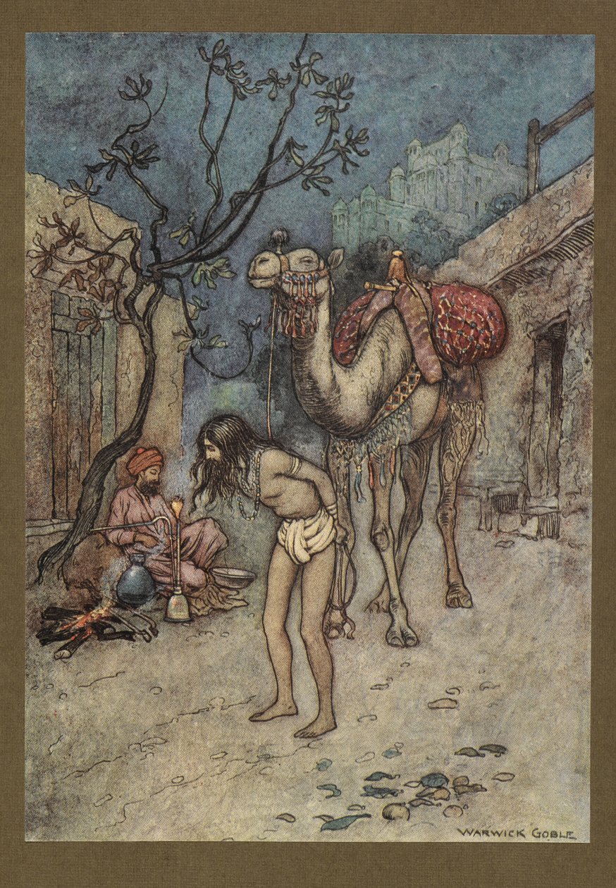 Plaat 16: "De kameeldrijver stapte af, bond de kameel aan de boom op de plek, en begon te roken." Folk-Tales of Bengal ... Met 32 illustraties in kleur door Warwick Goble. (Edition de luxe.). 1914 door Warwick Goble