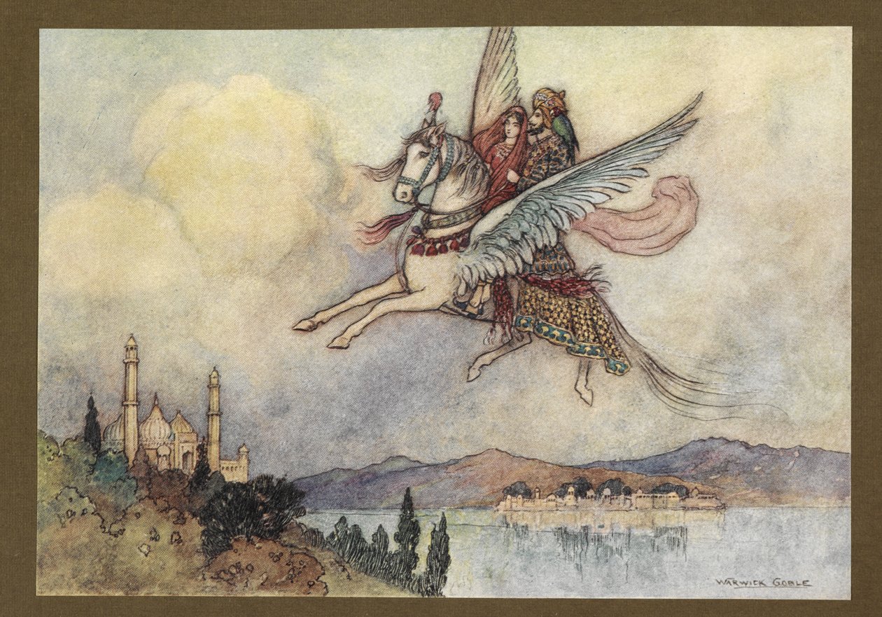 Plaat 20: "De dame, koning en hiraman bereikten allemaal veilig en wel de hoofdstad van de koning", uit Volksverhalen van Bengalen ... Met 32 illustraties in kleur door Warwick Goble (Edition de luxe.) door Warwick Goble