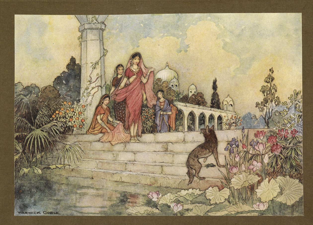Plaat 23: "De jakhals ... opende zijn bundel betelbladeren, stopte er wat in zijn mond en begon erop te kauwen", uit Volksverhalen van Bengalen... Met 32 illustraties in kleur door Warwick Goble (Edition de luxe.) door Warwick Goble