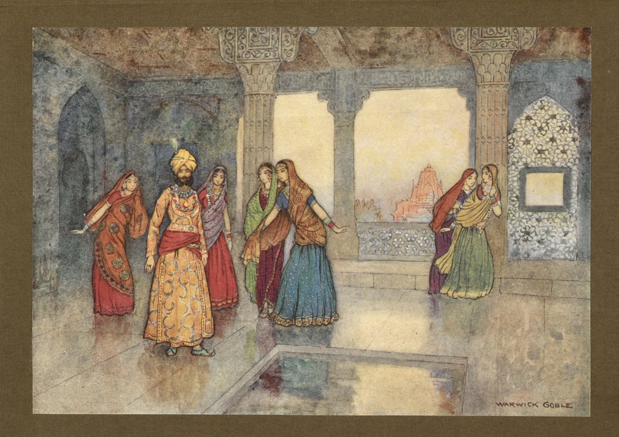Plaat 25: "De zes koninginnen probeerden hem te troosten", uit Volksverhalen van Bengalen ... Met 32 illustraties in kleur door Warwick Goble. (Edition de luxe.) 1914 (kleur litho) door Warwick Goble