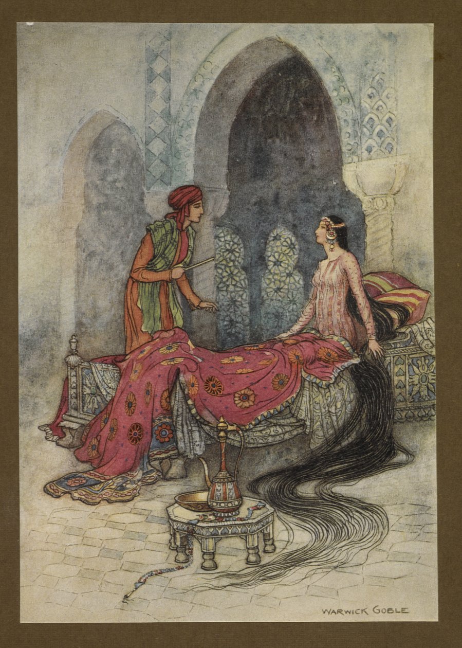 Plaat 6: "In een oogwenk werd ze wakker, ging rechtop in haar bed zitten en vroeg de vreemdeling wie hij was", uit Folk-Tales of Bengal ... Met 32 illustraties in kleur door Warwick Goble. (Edition de luxe.). 1914 door Warwick Goble