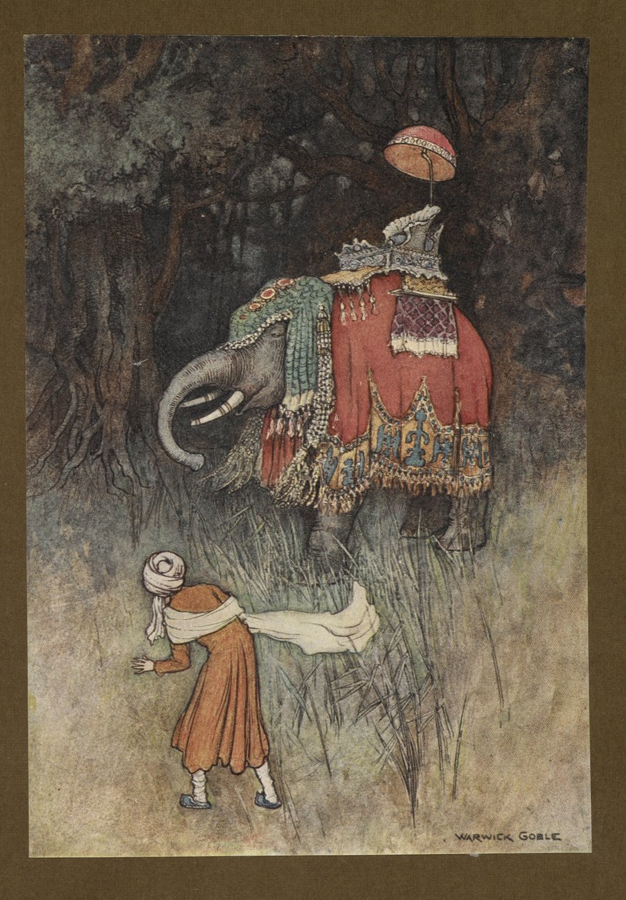 Plaat 8: "Plotseling kwam er een prachtig versierde olifant op zijn pad", uit Folk-Tales of Bengal ... Met 32 illustraties in kleur door Warwick Goble (Edition de luxe) door Warwick Goble