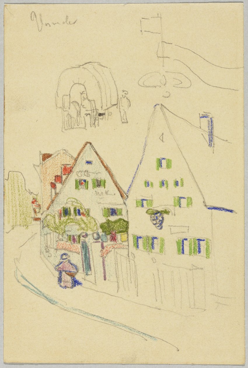 Straat met zadeldakhuisjes en huifkar, verso: uitzicht op een plaats met een ui-torenkerk door Wassily Kandinsky