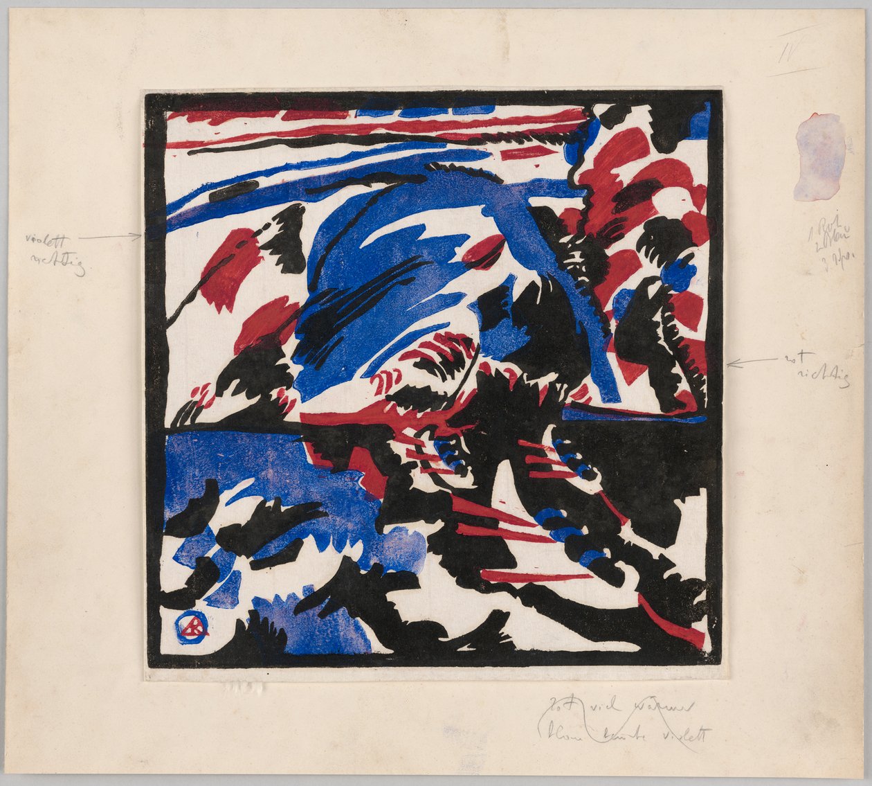 Holzschnitt zu dem Gemälde "Kahnfahrt" (Probedruck mit Anweisungen für Kandinskys Buch "Klänge" (1912), S. 49) door Wassily Kandinsky