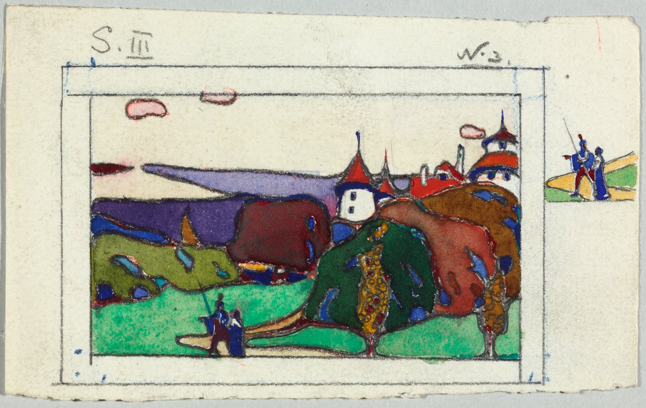 Landschap met een paar in middeleeuwse klederdracht, op de achterzijde: fragment van een ridder in harnas door Wassily Kandinsky