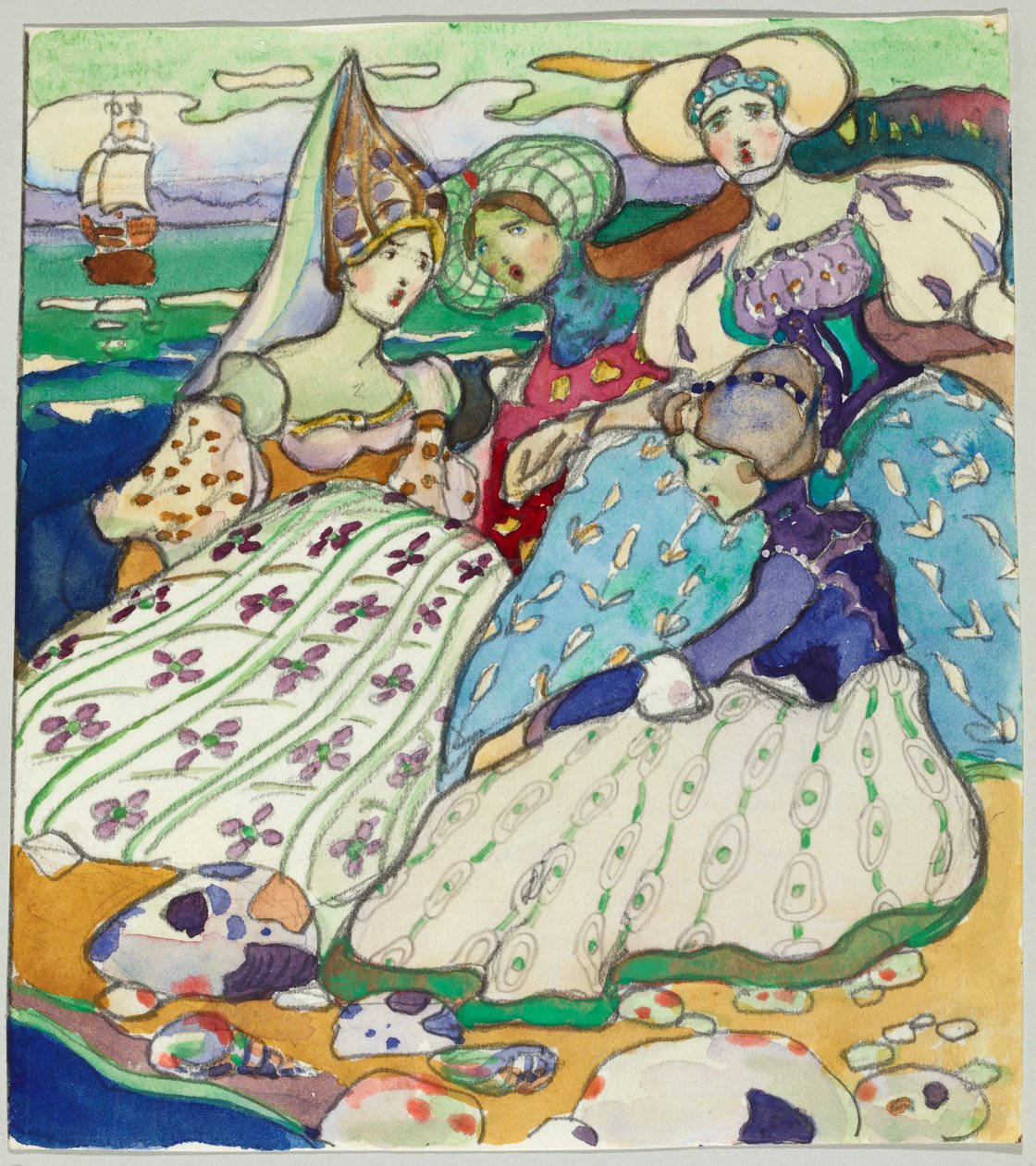Meisjesgroep op het strand door Wassily Kandinsky