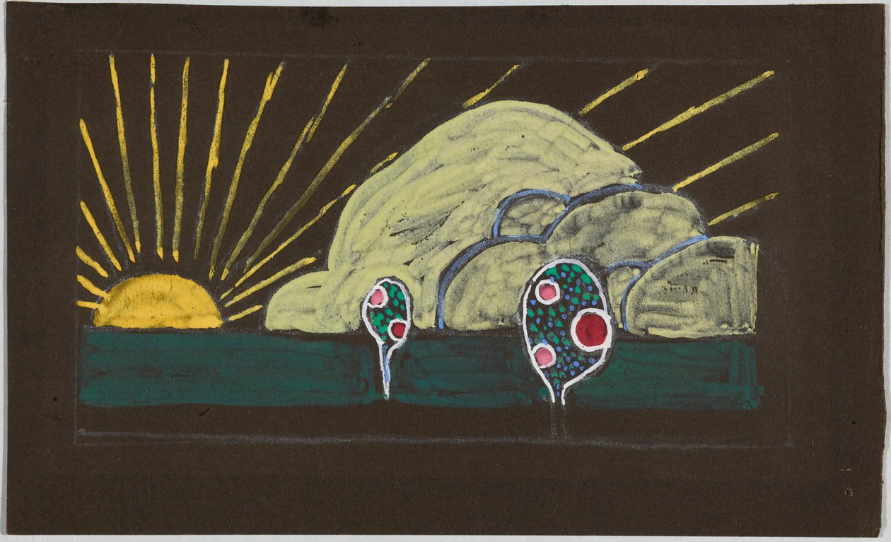Borduurontwerp met zon en kleine appelboom door Wassily Kandinsky