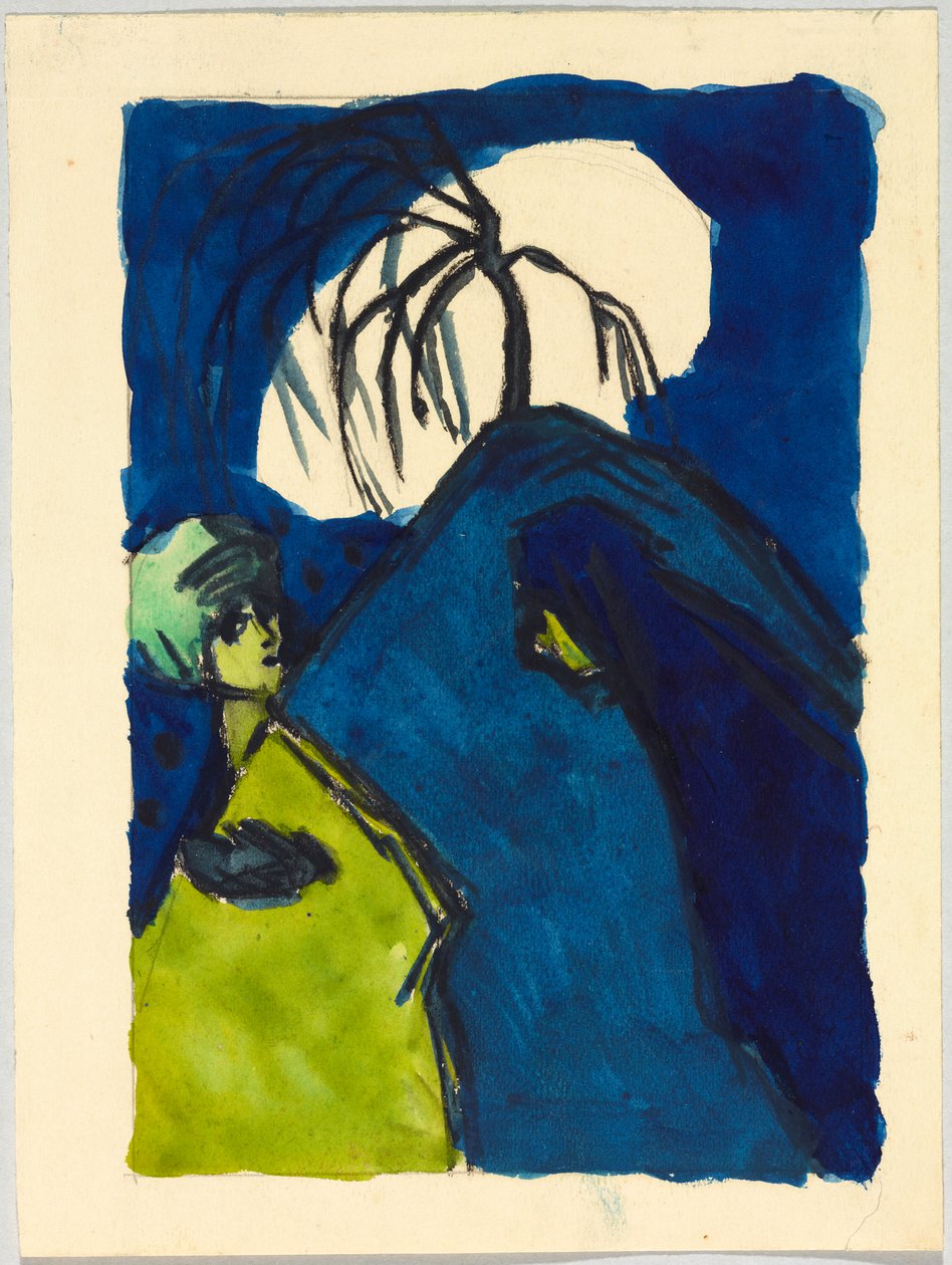 Zwei Gestalten vor Hügel mit Baum und weißer Wolke; Begegnung door Wassily Kandinsky
