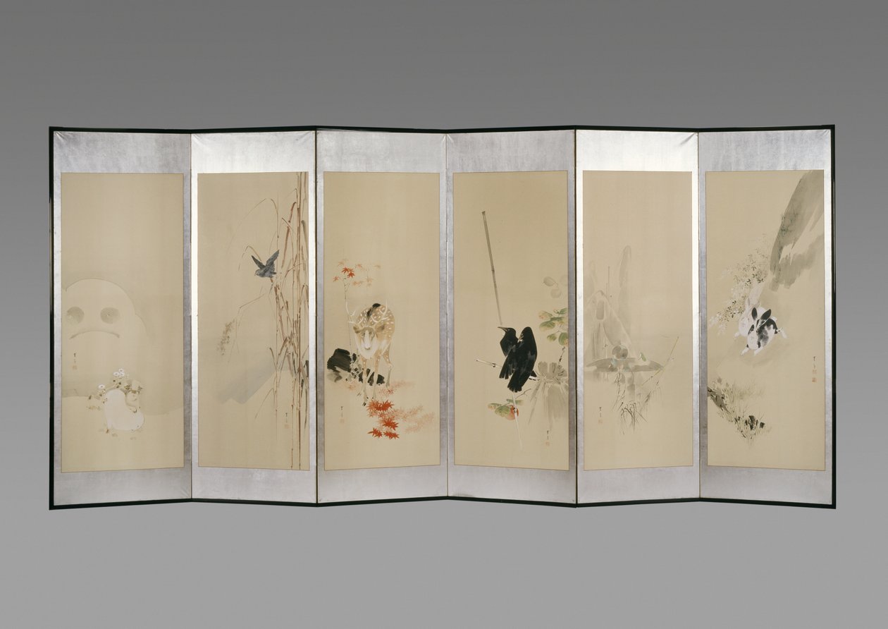 Vouwscherm: Bloemen van de twaalf maanden, ca. 1900 (inkt en kleur op papier) door Watanabe Seitei