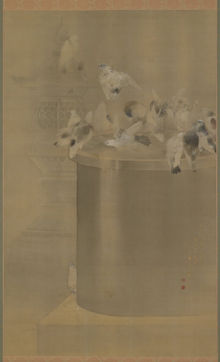 Duiven bij Senjoji (Asakusa Kannon Tempel) Meiji Tijdperk, 1877 door Watanabe Seitei