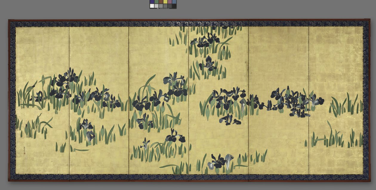 Iris, een van een paar zesvoudige schermen, 1700s door Watanabe Shiko