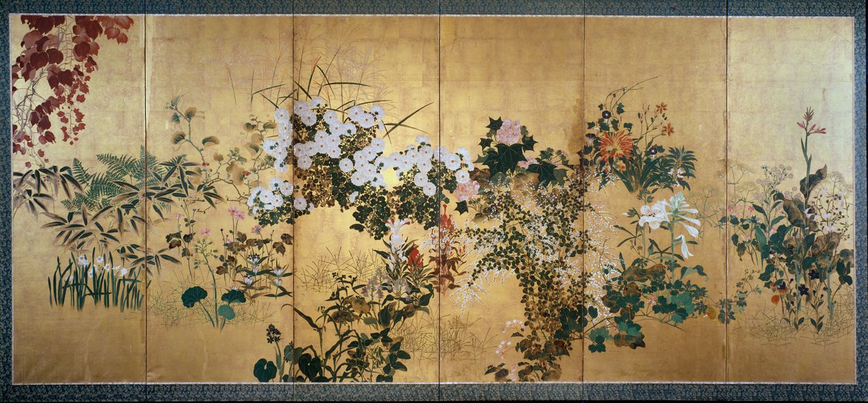 Scherm met herfst- en winterbloemen, begin 18e eeuw door Watanabe Shiko