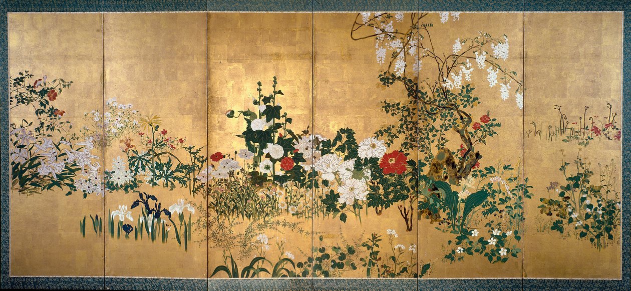 Scherm met lente- en zomerbloemen, begin 18e eeuw door Watanabe Shiko
