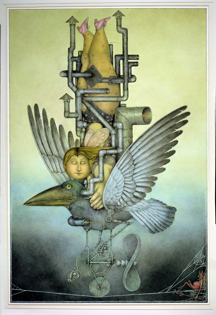 Balancerend meisje op mechanische vogel op koord (potlood en kleurpotlood op papier) door Wayne Anderson
