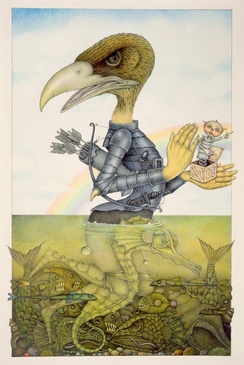 Pantservogel op zeepaard (potlood en kleurpotlood op papier) (paar 150071) door Wayne Anderson
