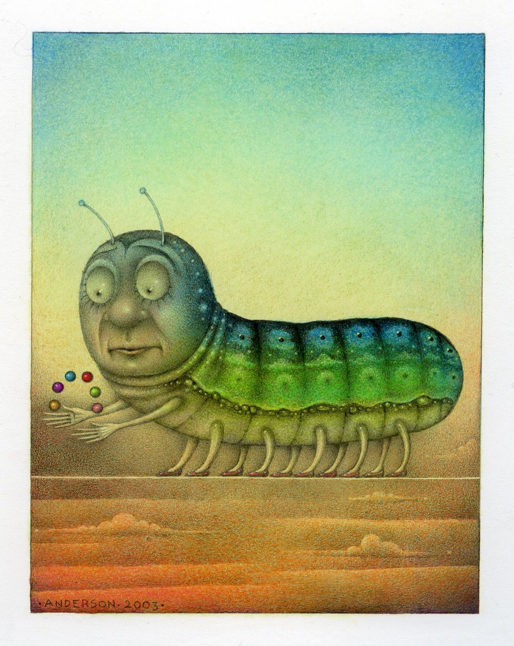 Jonglerende rups, 2003 (gemengde techniek op karton) door Wayne Anderson