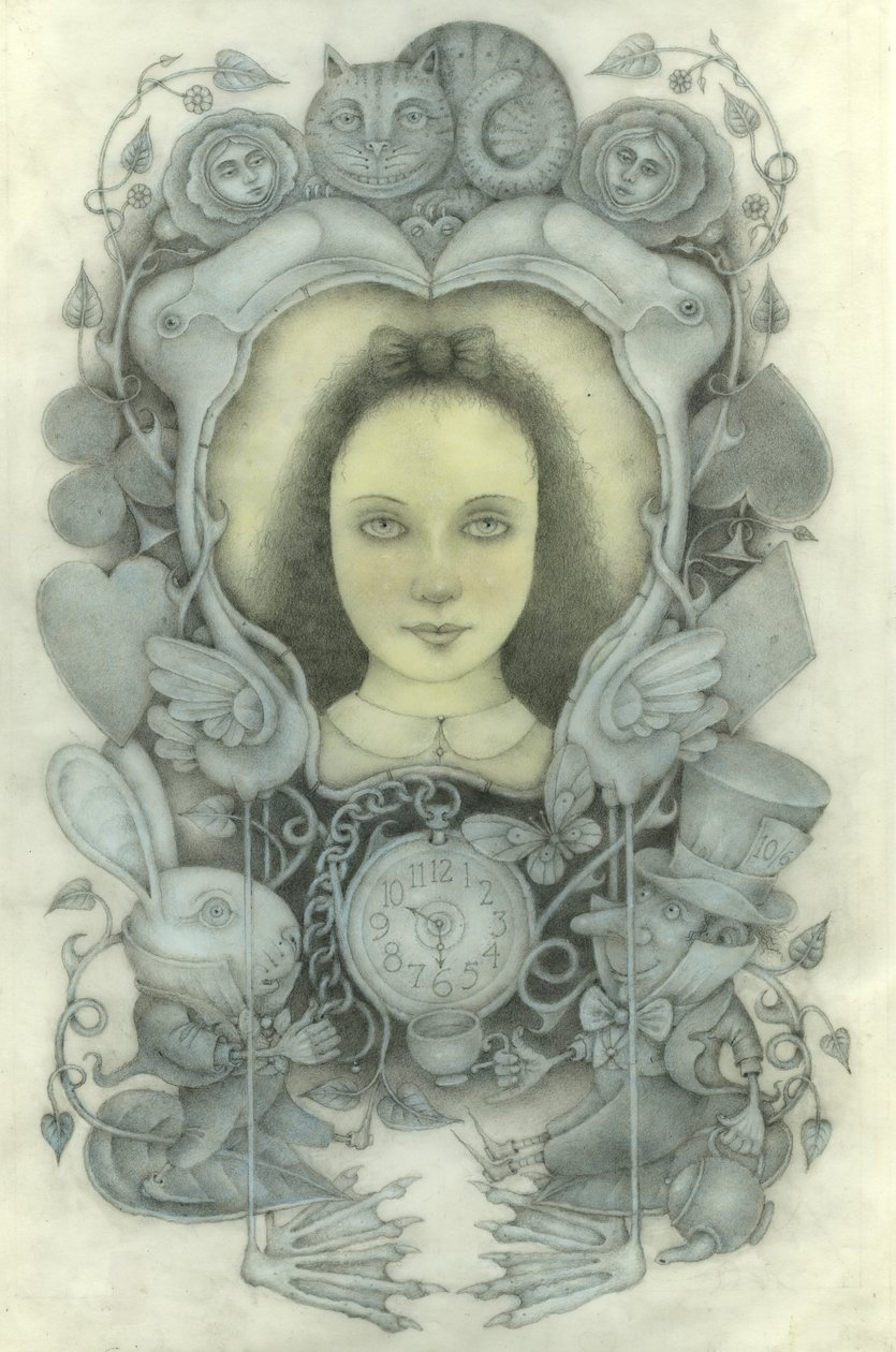 Portret van Alice in spiegel, 2022 (grafiet, kleurpotloden, aquarel) door Wayne Anderson