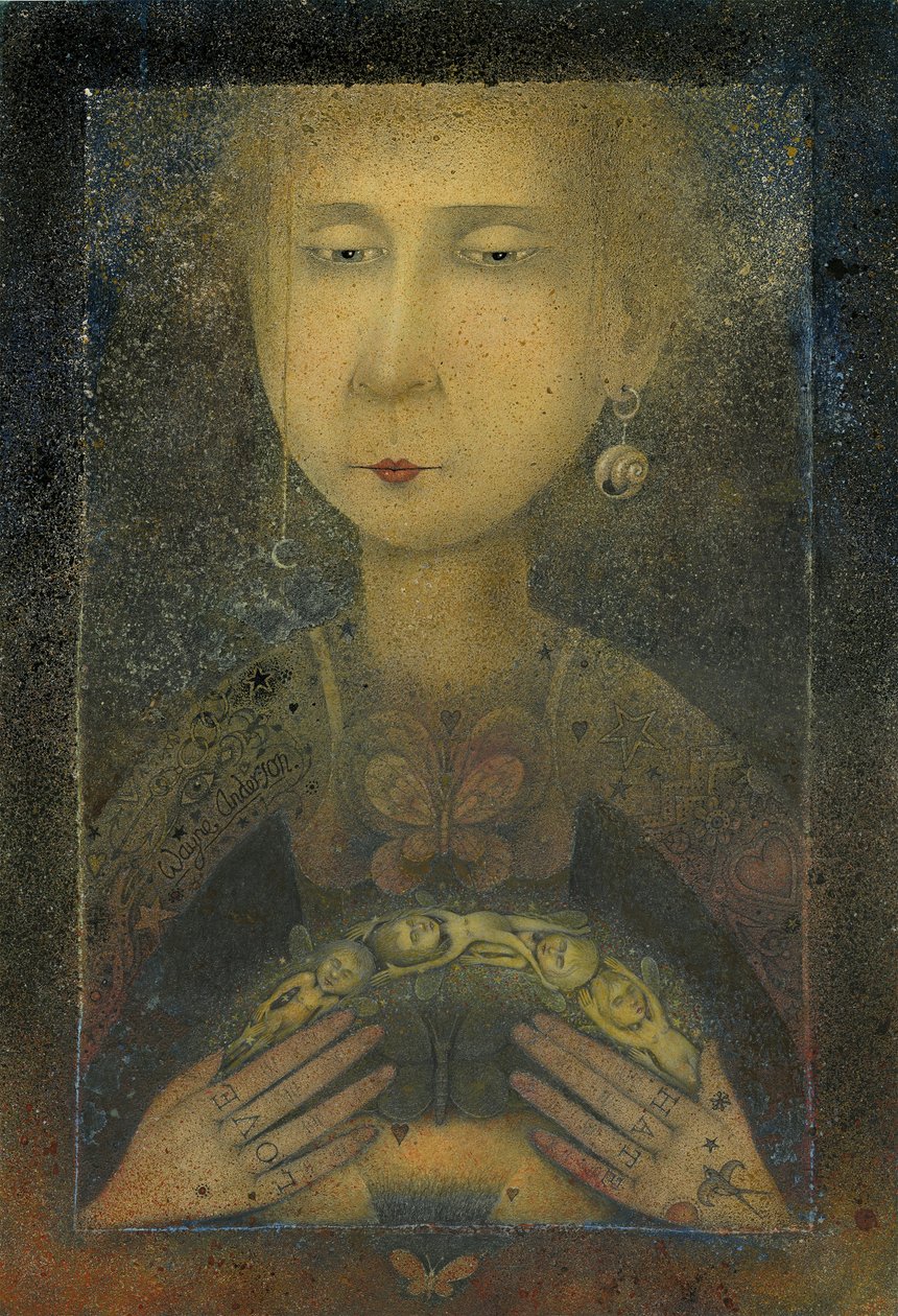 Getatoeëerde elfenjongleur, 2005 (gemengde techniek op karton) door Wayne Anderson