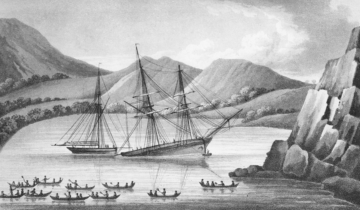 Brig Jane en Cutter Beaufoy passeren een keten van ijsbergen, 1826 door Weddell