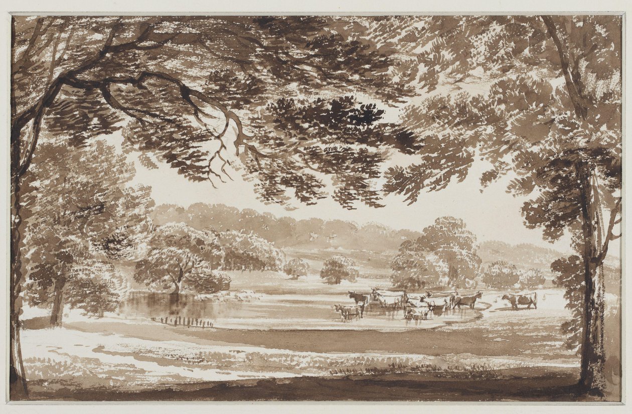 Boomrijk landschap met koeien in een meertje door Weissenbruch (workshop of)