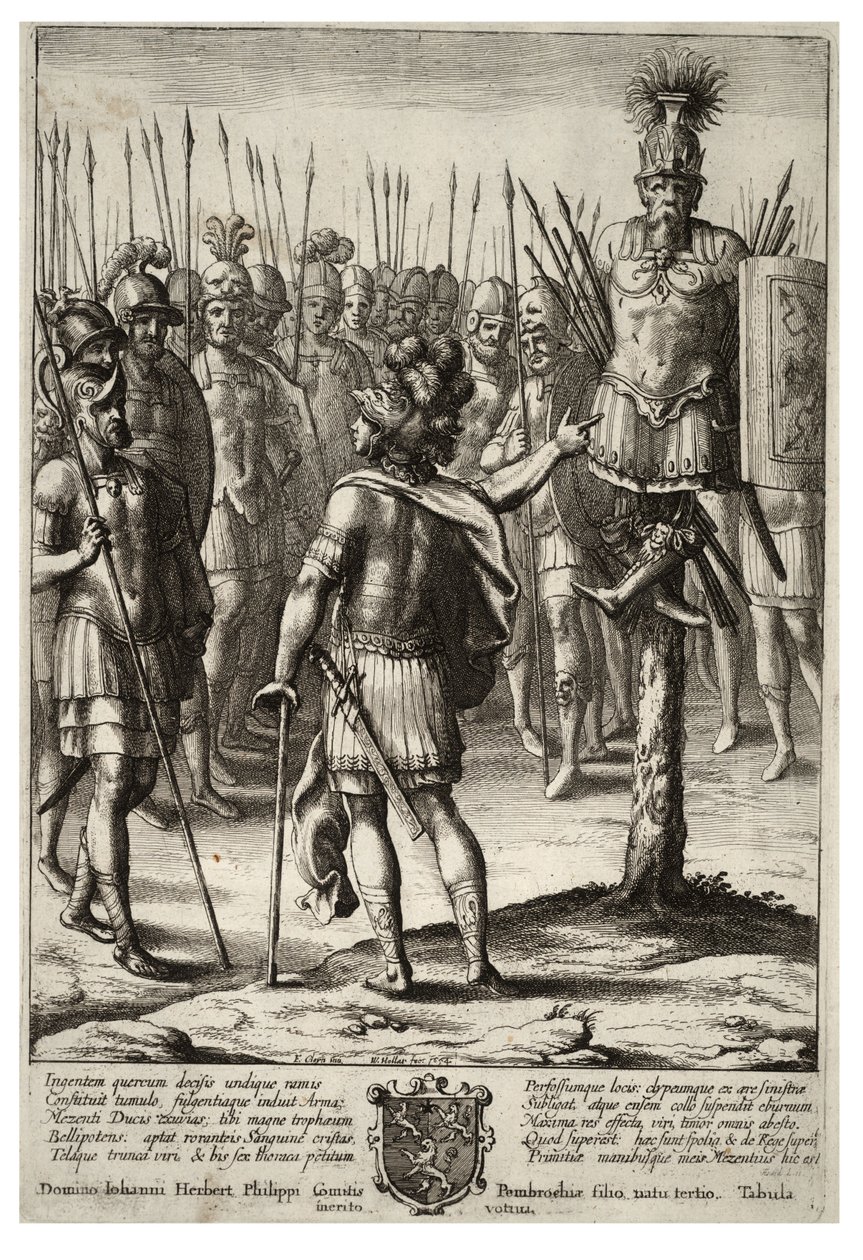 Aeneas richt een trofee op van de wapens van Mezentius. Staat 2 door Wenceslaus Hollar