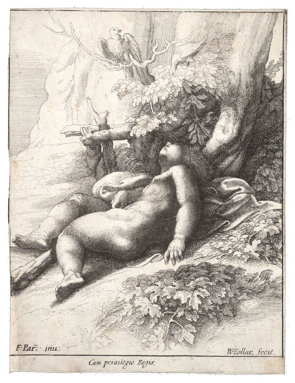 Slapende Hercules als kind, naar Parmegiano. Staat 4 door Wenceslaus Hollar