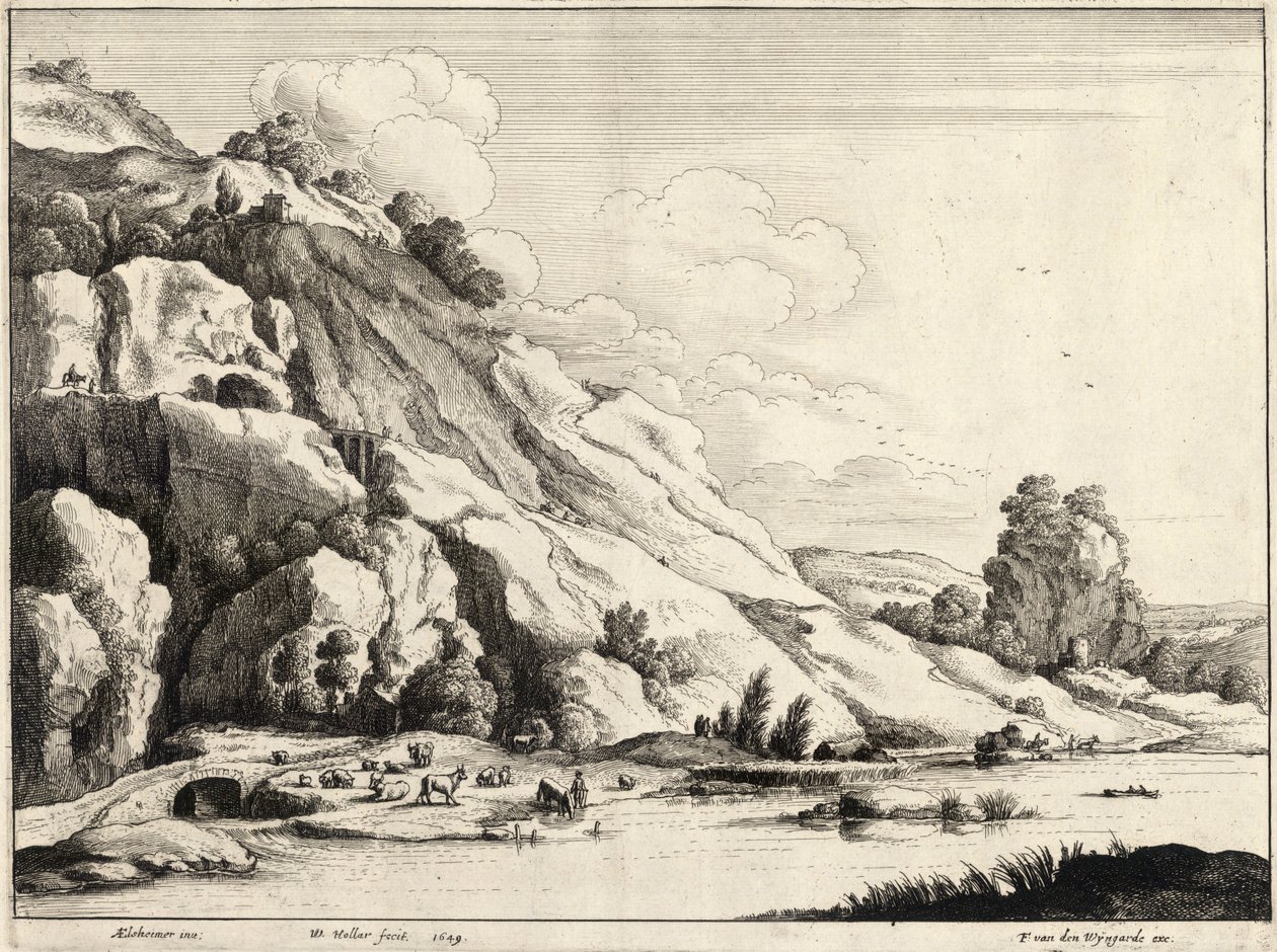De stenen brug (Elsheimer). Staat 1 door Wenceslaus Hollar
