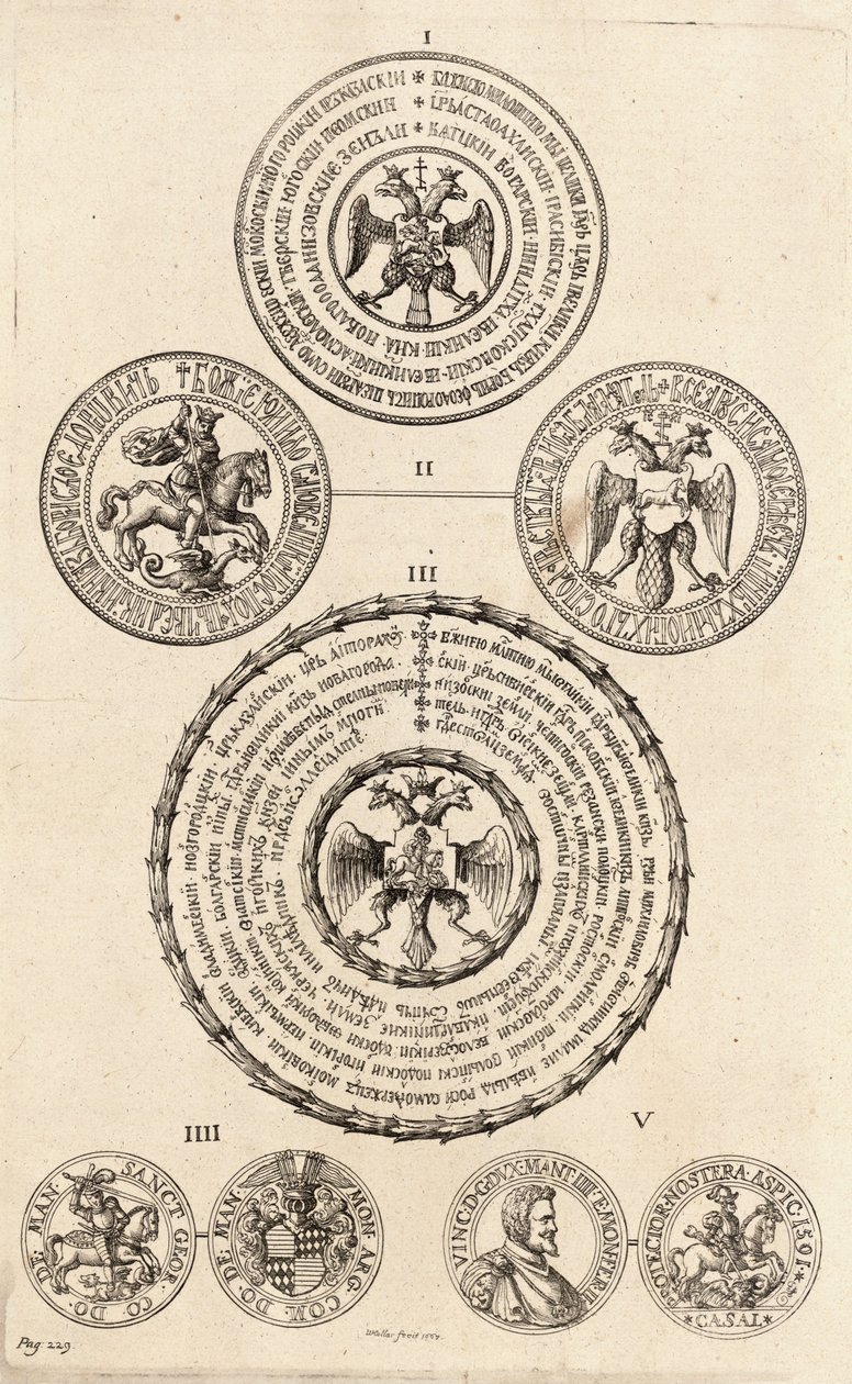 Drie Russische zegels en twee medailles. Staat 2 door Wenceslaus Hollar