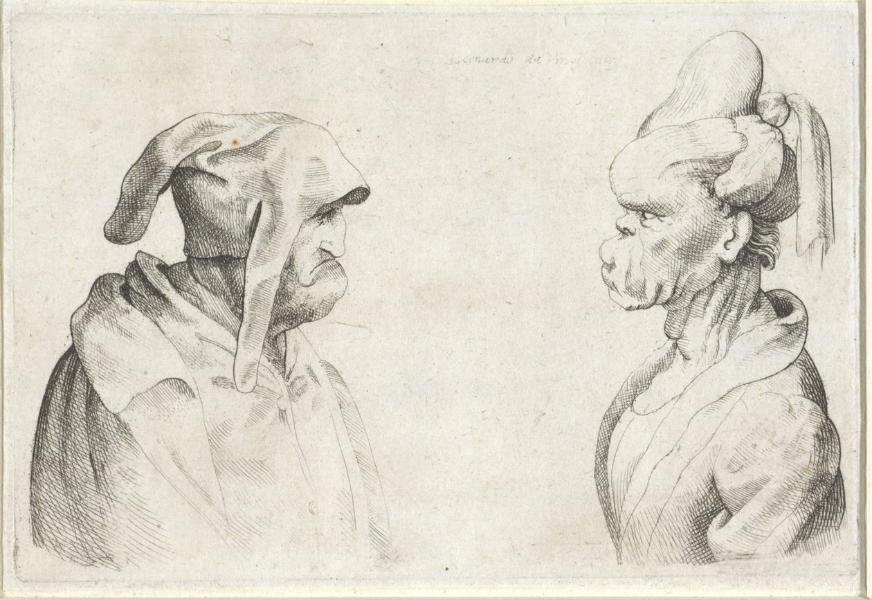 Misvormde koppen van een man met slappe muts en vrouw met opgebonden haar door Wenceslaus Hollar (attributed to)