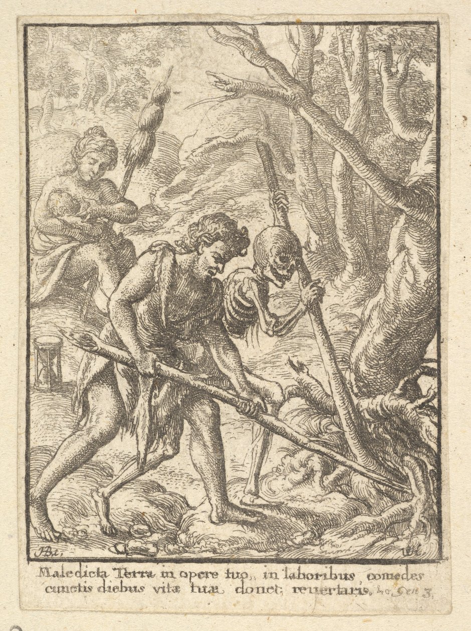 Adam aan het ploegen uit de Dans van de Dood door Wenceslaus Hollar