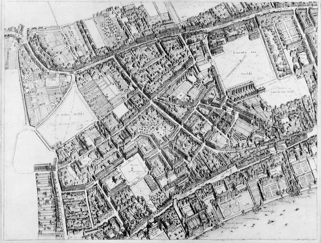 Vogelvluchtplan van het westelijke centrale district van Londen, 1660-6 door Wenceslaus Hollar