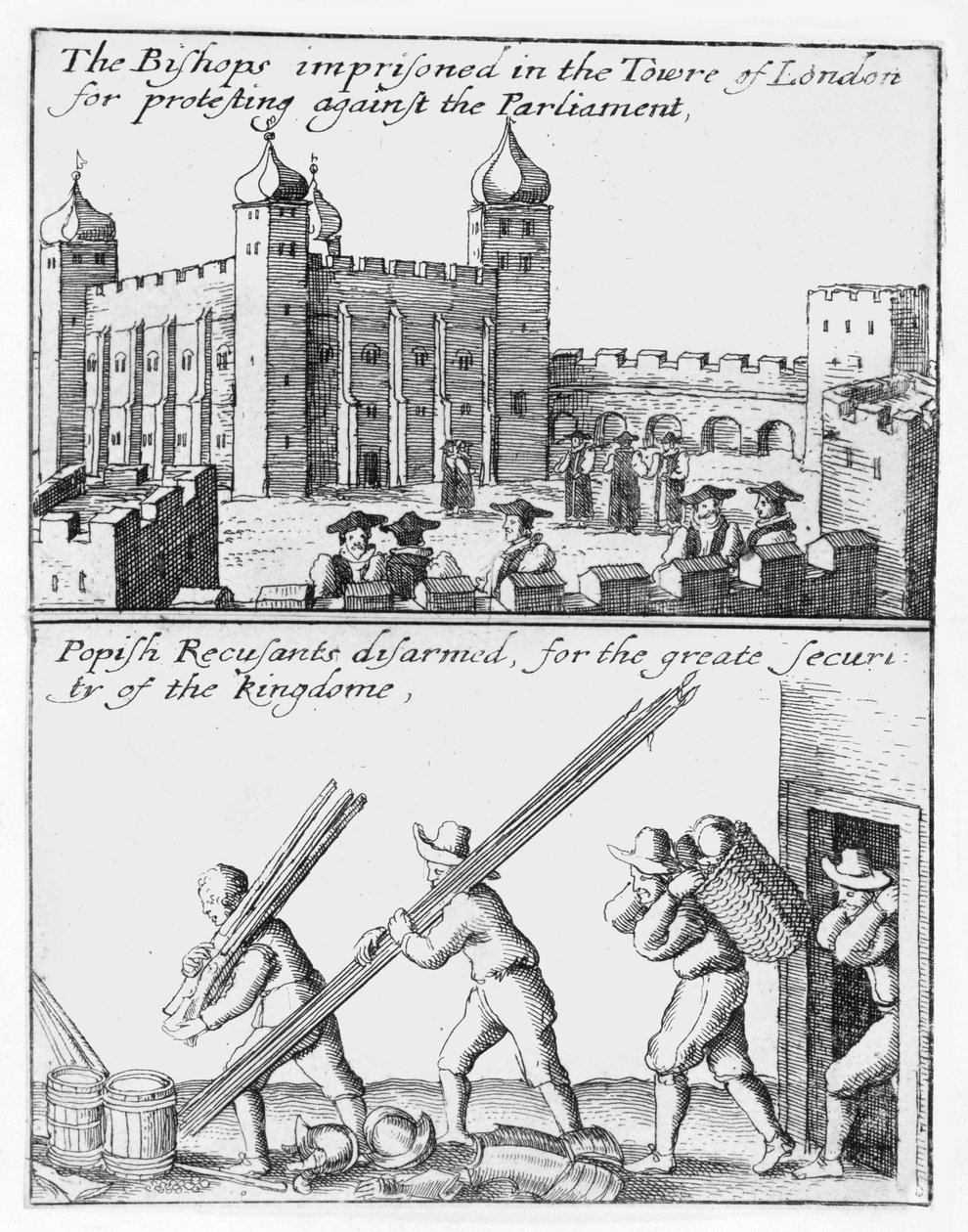 Bisschoppen opgesloten in de Tower of London; Papistische recusanten ontwapend door Wenceslaus Hollar