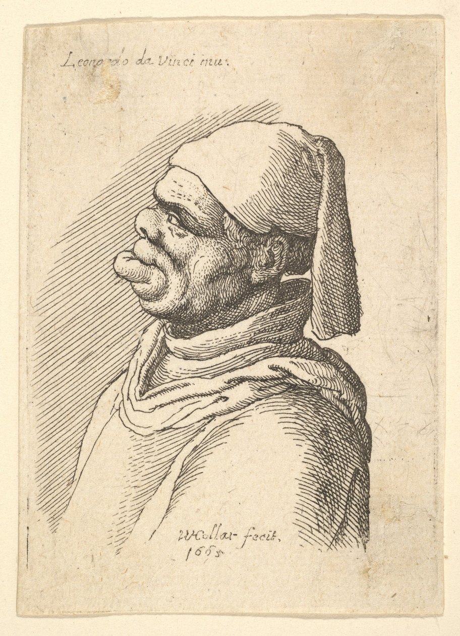 Buste van een misvormde man met een hoed en een dikke, uitstekende onderlip in profiel naar links door Wenceslaus Hollar