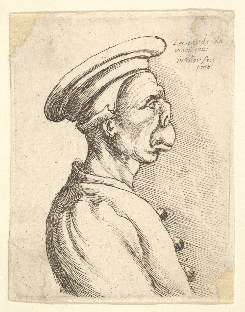 Buste van een man met een platte neus en uitstekende mond, met platte pet en dichtgeknoopte jas in..., 1660 door Wenceslaus Hollar