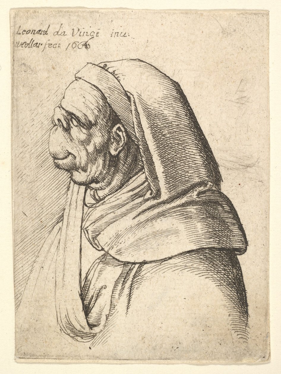 Borstbeeld van een man met een kleine opgewipte neus en zeer hoge bovenlip, met kap, in profiel door Wenceslaus Hollar