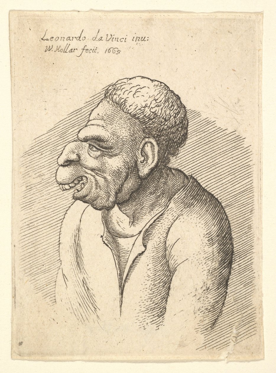 Borstbeeld van een man met haakneus, prominente bovenlip, open mond en kort krullend haar, 1665 door Wenceslaus Hollar