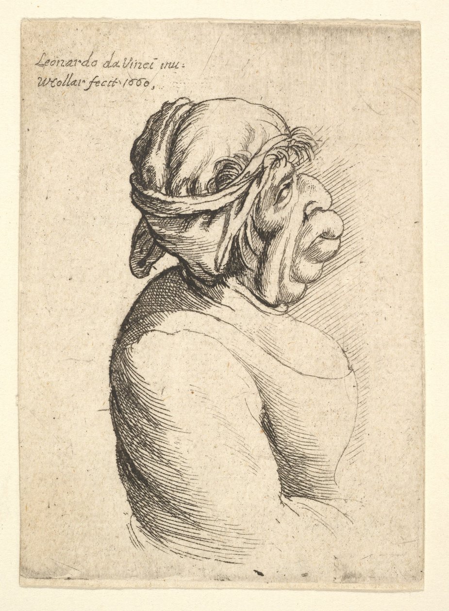 Borstbeeld van vrouw met vooruitstekende mond die een laag uitgesneden jurk en doek om haar hoofd draagt, 1660 door Wenceslaus Hollar