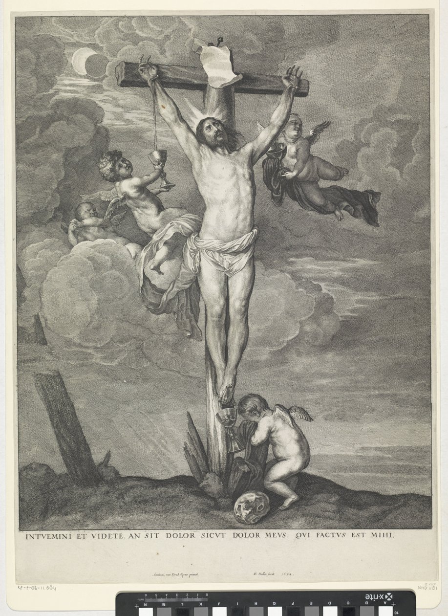 Christus aan het kruis met engelen door Wenceslaus Hollar