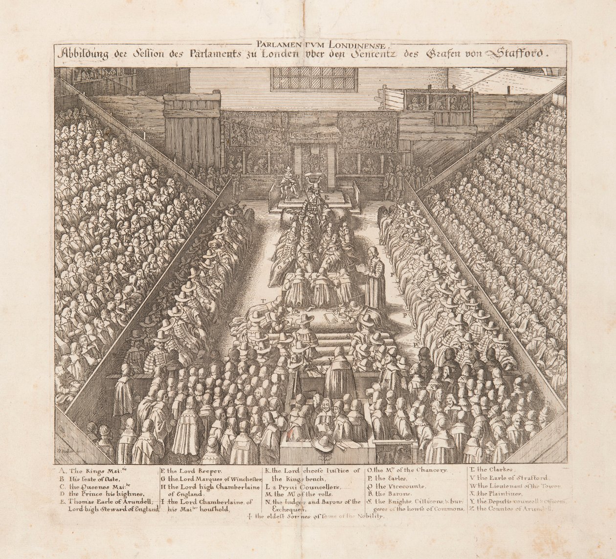 Afbeelding van de zitting van het Parlement van Londen over de veroordeling van de Graaf van Stafford, ca. 1642 door Wenceslaus Hollar
