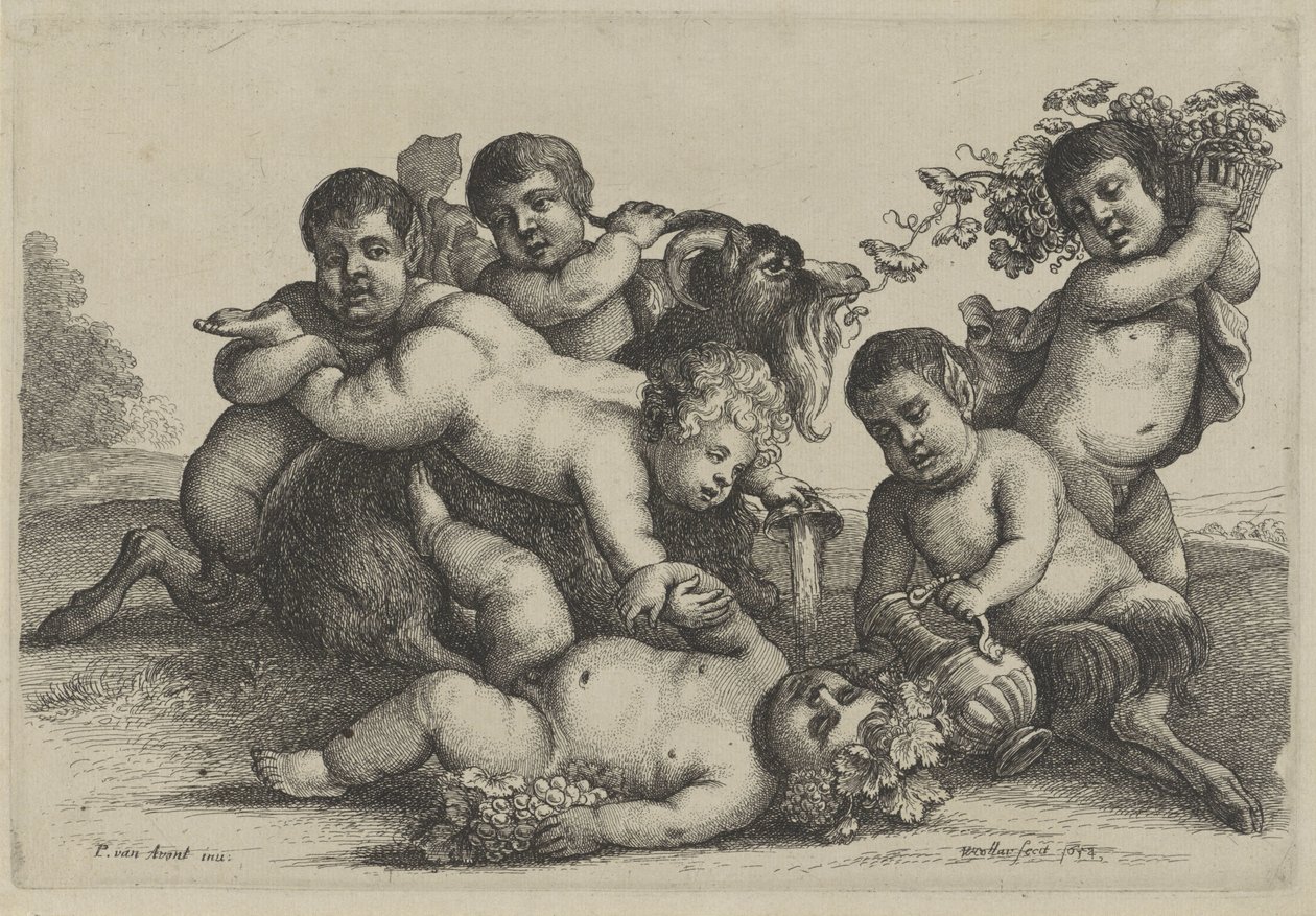 Drie jongetjes, twee saters, een bacchant en een geit door Wenceslaus Hollar