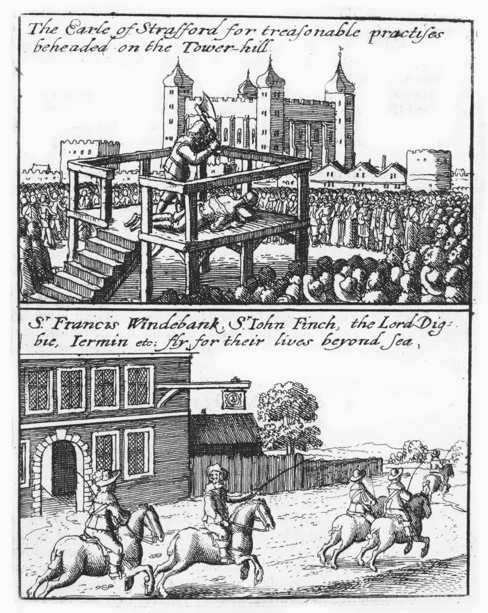 Graaf van Stafford onthoofd op Tower Hill; Sir Francis Windebank, Sir John Finch en Lord Digby vluchten uit Engeland door Wenceslaus Hollar