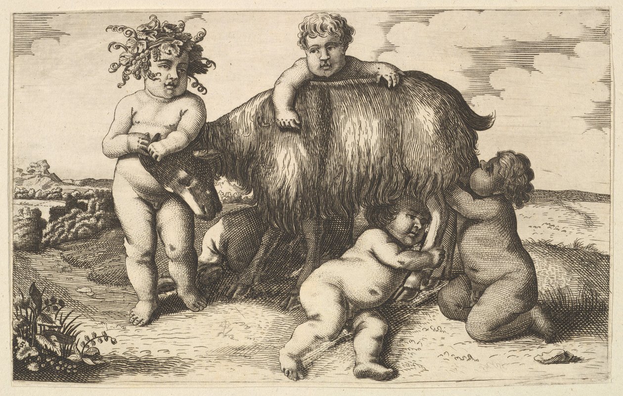 Vier jongens, een jonge sater en een geit kopie in omgekeerde richting door Wenceslaus Hollar